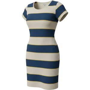 SweetSalt Womens Striped Short Sleeve Knit Sheath Dress Navy Cream Yellow Large